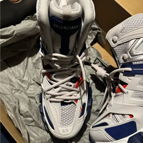 Balenciaga Gray and Blue Sneakers with Chunky Sole and Multi-layered Design